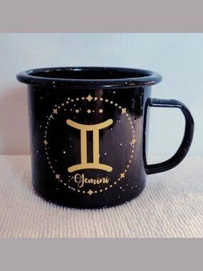 GEMINI - Astrology 18oz Enamel Mug/Cup - Zodiac Symbol/Star Sign - Black & Gold